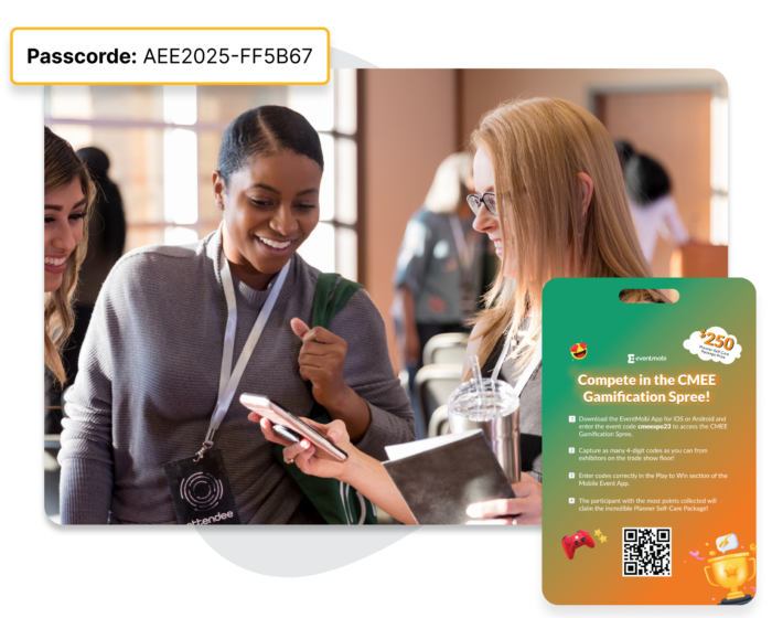 Attendees looking at a phone screen together, overlaid with an event badge that displays gamification challenge instructions.