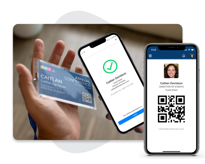 A person scans an EventMobi badge with their iPhone. A close-up of an iPhone shows an EventMobi digital badge with a QR code.