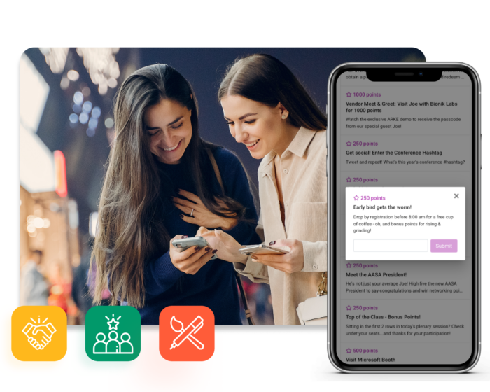 Smiling attendees looking at their phones overlaid with an alert reminding them to visit registration early to earn gamification points.