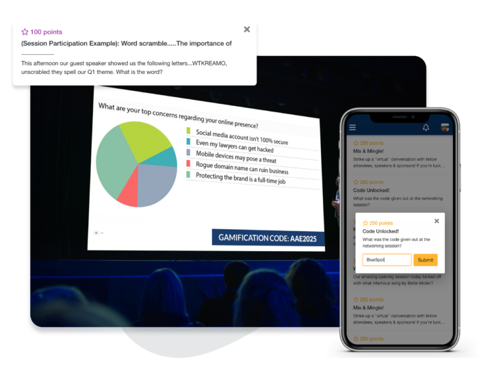 A gamification code appears on a presentation slide for attendees to enter in their Event App.