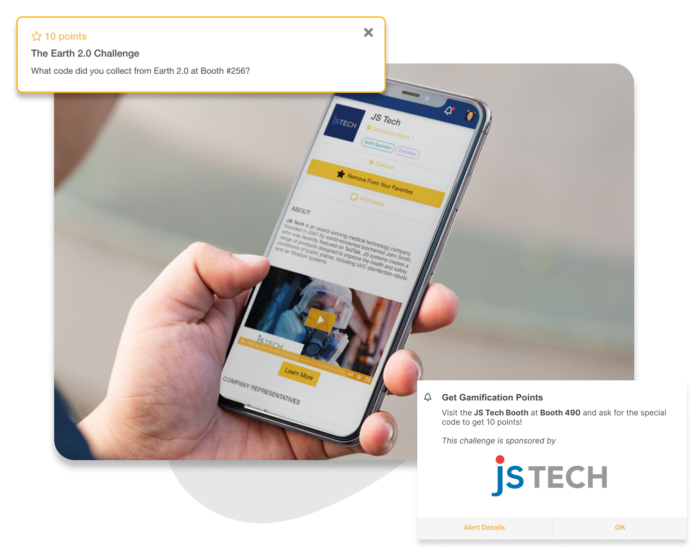 A phone screen displaying a virtual sponsor booth and an alert that says to visit sponsors as part of the gamification challenge.