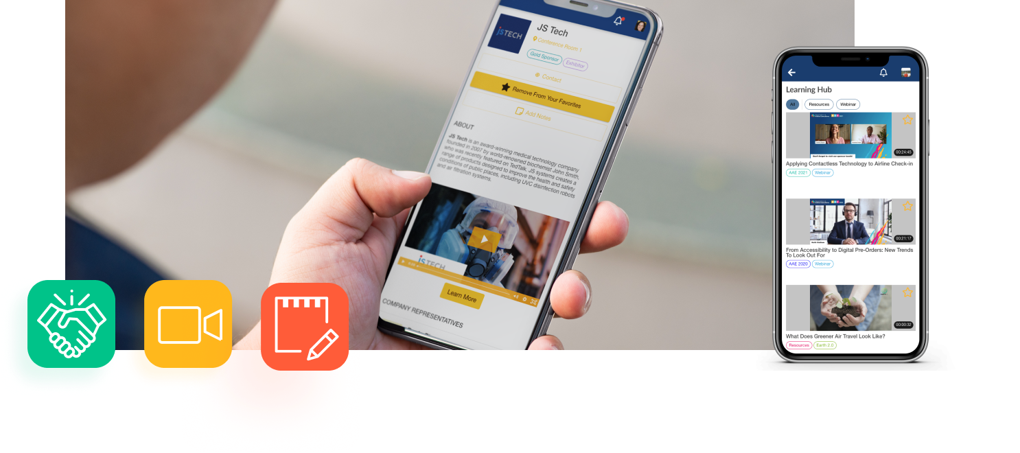 Mobile Event-App auf einem Smartphone und drei Interaktions-Icons aus der App.