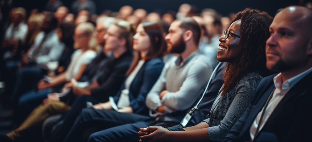 An audience enjoying a pressentation at a conference.