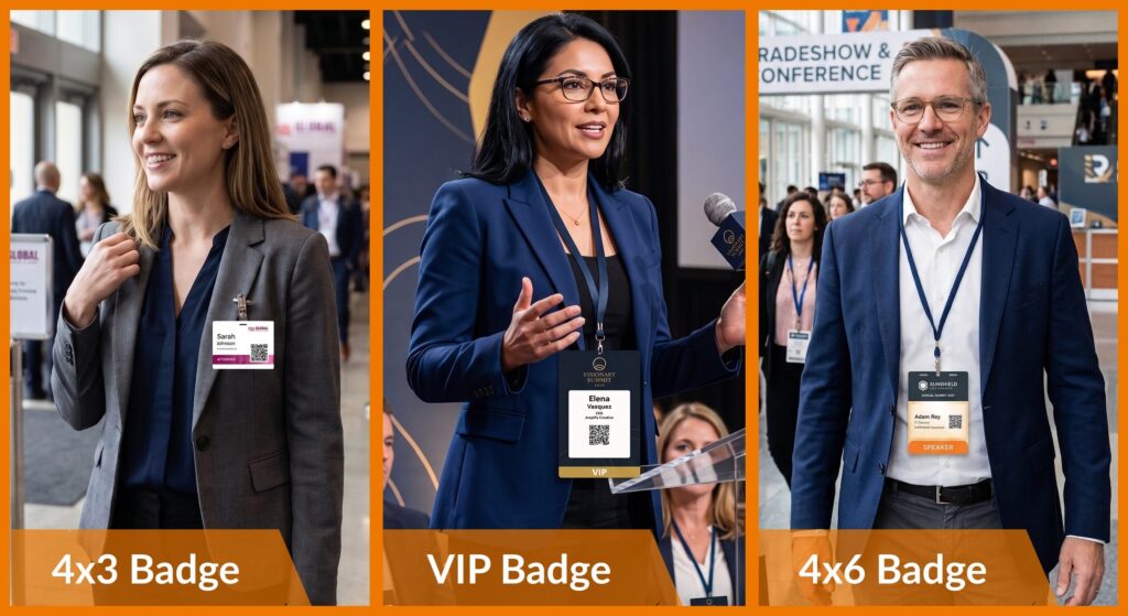 Typische Größen von Konferenz-Badges: 3x4, VIP und 4x6 Badge