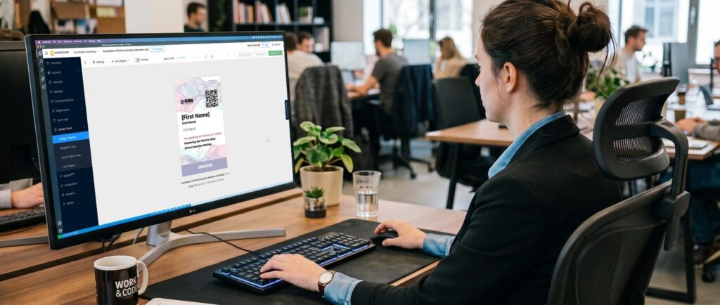 Eine Event-Managerin gestaltet ein Badge am Computer