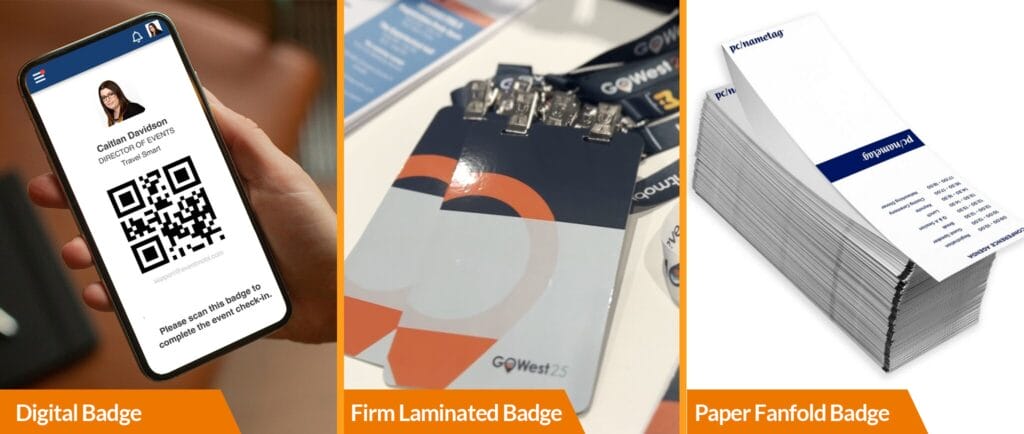 Comparison Image of different EventMobi Event Badge types: Digital Badge, Firm Laminated Badge and Paper Fanfold Badge.