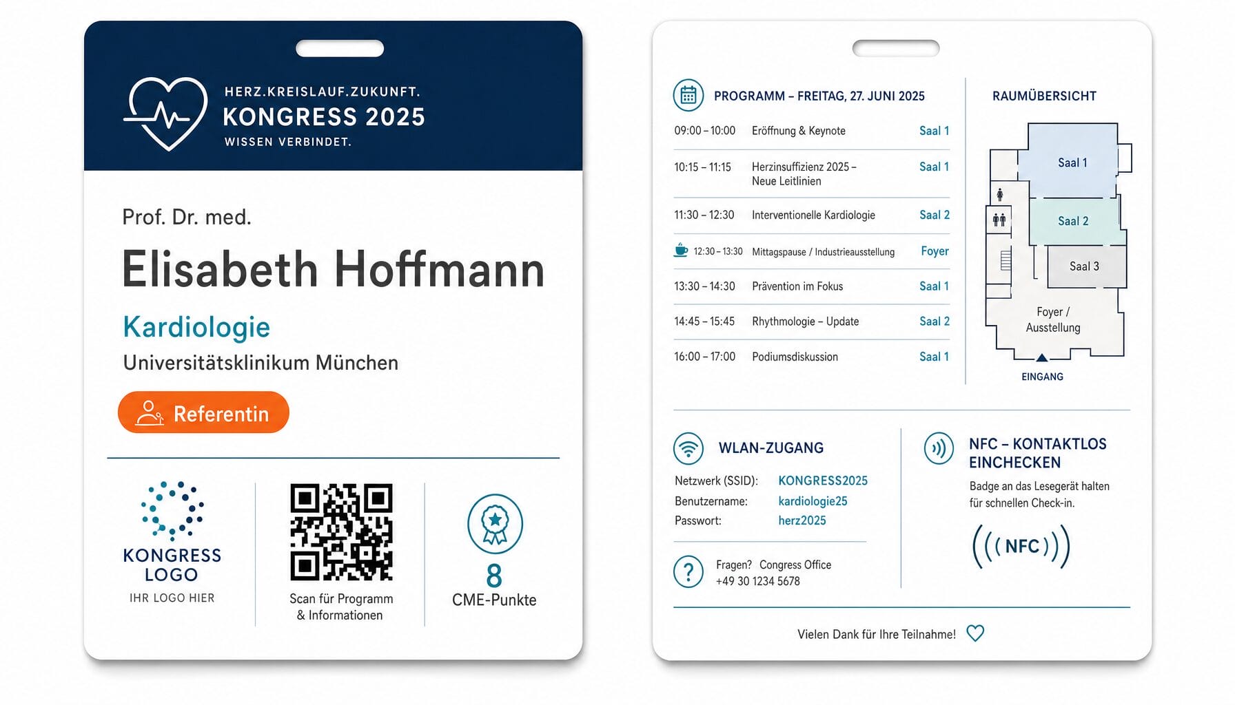 Badge-Idee für Veranstaltungen im Bereich Medizin und Wissenschaft: Kongress-Badge mit Titel und Fachgebiet