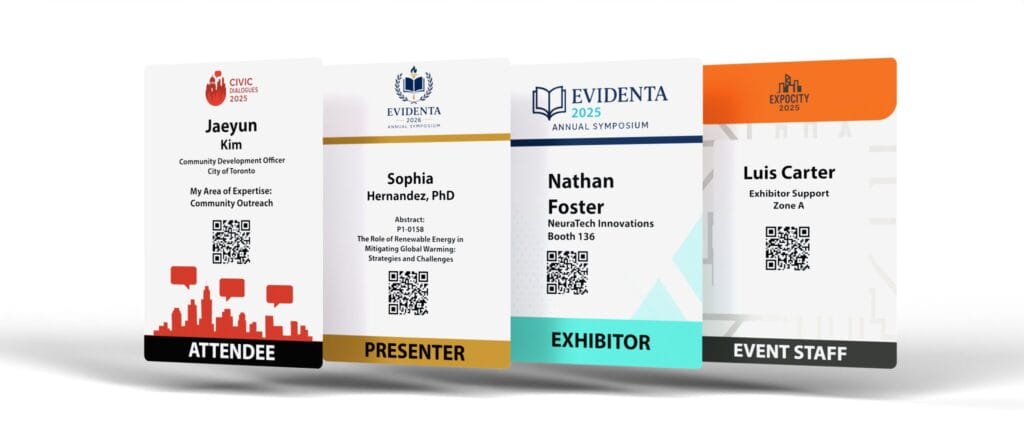 Examples of conference badges designed for attendees, exhibitors, speakers, made with EventMobi's Badge Designer.