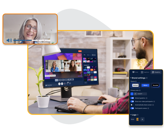 Man sitting at computer adds colorful design elements to a live stream screen, another cutout show a woman laughing and talking and volume controls overlaid, and another UI screenshot is shown for Graphics and Brand Settings