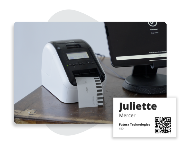 A thermal printer printing an event badge label, part of EventMobi's Badge Label Printing service.