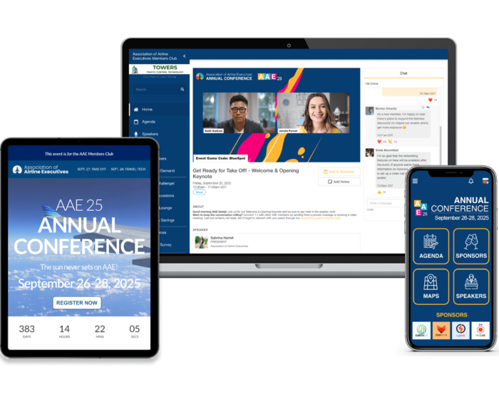 A smartphone showing the EventMobi Event App, a laptop showing an active EventMobi virtual session, and tablet showing a registration landing page.