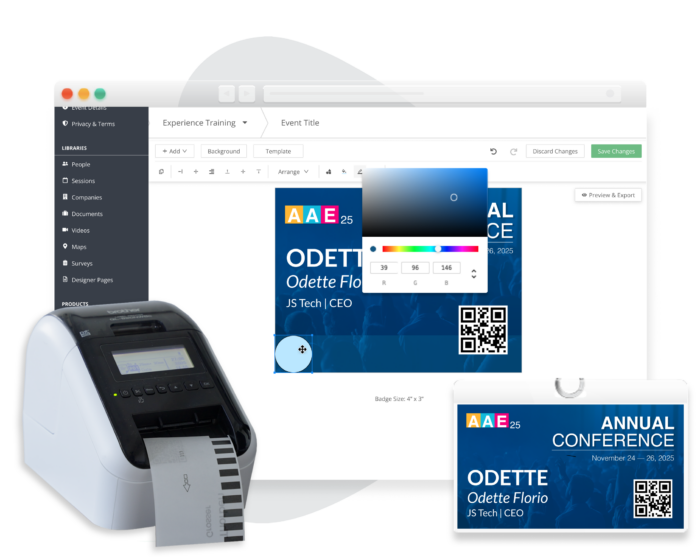 EventMobi’s Badge Designer software interface with an example name badge badge, and a label printer.