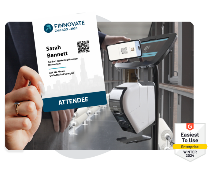 Image of an attendee using a label badge printer at an event venue, and a person holding a pre-printed badge designed with EventMobi's badge designer.