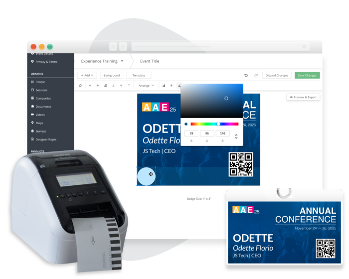 Die Browseransicht von EventMobis Badge-Designer-Software, ein Namensschild und ein Selfservice-Badge-Drucker.