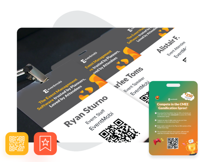Drei Event-Badges mit der Vorder-, eins mit der Rückseite, erstellt mit EventMobis Software, daneben zwei Grafik-Icons.