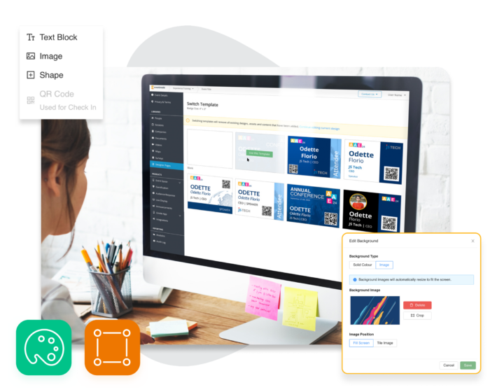 Großer Monitor, auf dem der Badge-Designer von EventMobi geöffnet ist, daneben ein Ausschnitt aus der Software und zwei Grafik-Icons.