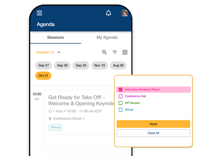 Ein Smartphone, auf dem Präsenzprogrammpunkte gelistet sind; dazu ein Pop-up mit Filteroptionen zum Tracking, hervorgehoben ist die Zeile Konferenzsaal.