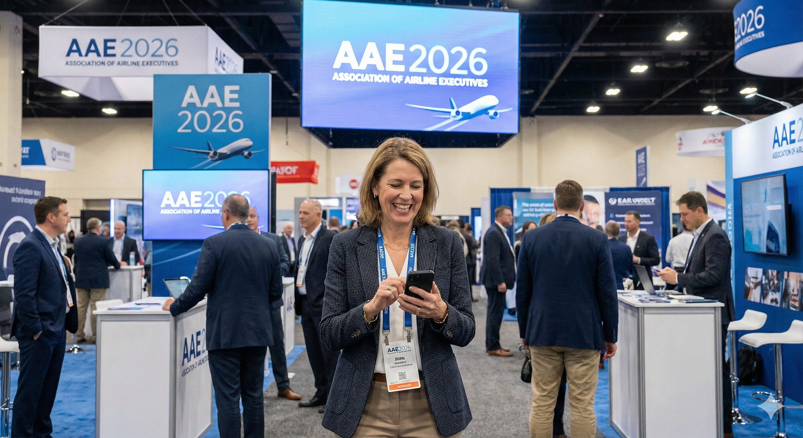 AI in event planning at a busy trade show: an attendee smiles while using a smartphone in an expo hall with AAE 2026 signage.