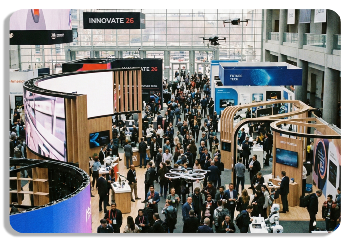 Busy conference on a modern tradeshow floor