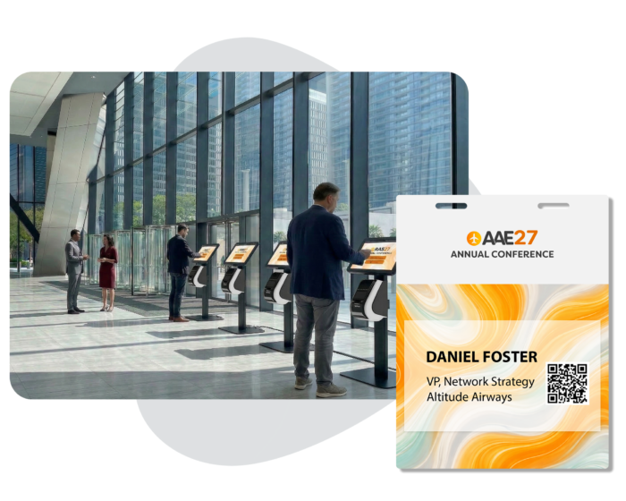 Attendees in a conference floor lobby, checking in and printing their attendee badges using EventMobi's BadgeON™ onsite badge printing software.