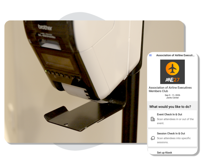 Close up shot of a badge label printer, using EventMobi's BadgeON™ software