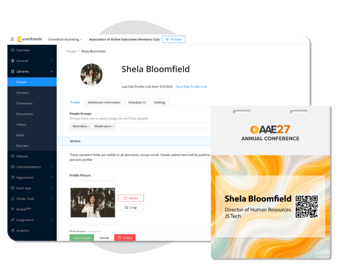 EventMobi's Experience Manager showing an attendee's information, and a callout of a branded attendee badge, made with EventMobi's BadgeON