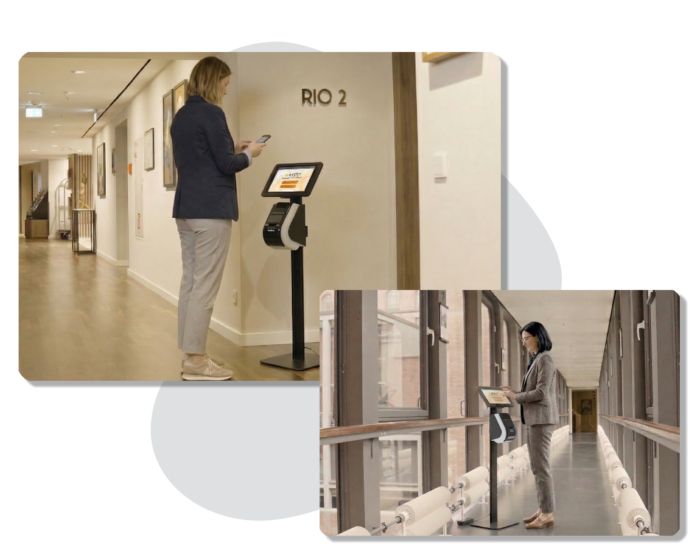 Two images of women checking in and printing attendee badges, at different settings, showcasing the versatility of EventMobi's BadgeON™ software.