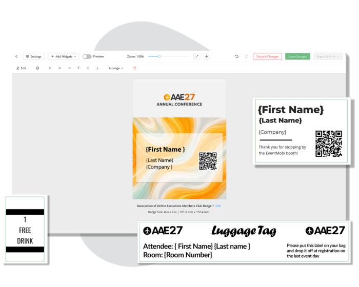 Product images of EventMobi's Badge Designer, with callout examples of attendee labels, lugage tags, and discount tickets all designed with the Badge Designer.