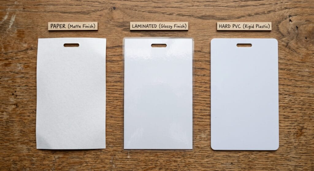 Three conference badge materials including paper, laminated stock, and hard PVC displayed side by side with visible differences in thickness and finish