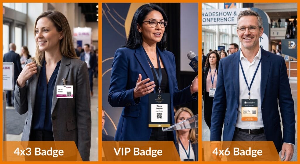 Badge size comparison chart displaying common conference badge dimensions and orientations with a larger VIP badge beside standard formats