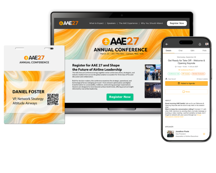 Eine Auswahl an EventMobi-Branding-Assets: Eine individuelle Registrierungs-Webseite, ein mit BadgeON erstellter Namensbadge und ein Smartphone, das eine detaillierte Programmansicht zeigt.