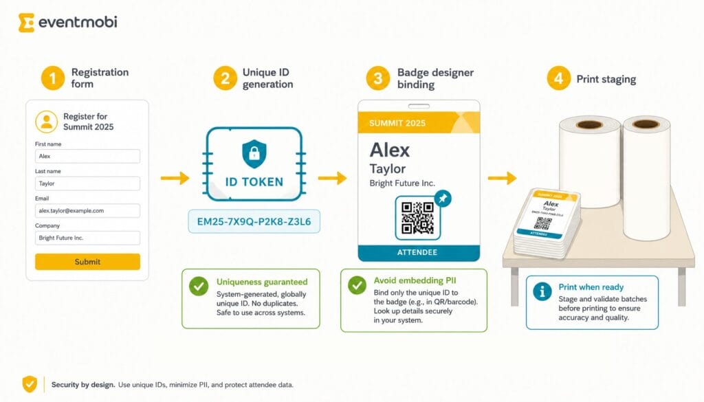 Flow diagram from registration to unique QR to badge printing and staging.