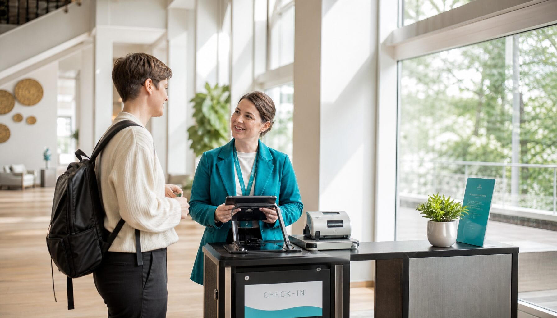 Candid photo of event staff checking in an attendee at a mobile badge station in a hotel atrium