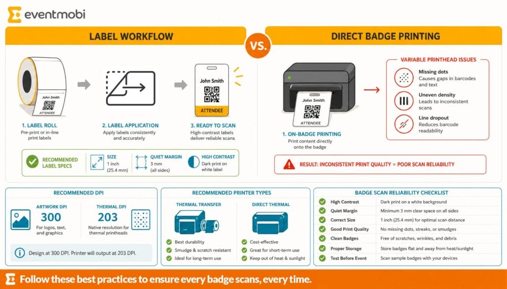 Technical comparison infographic: label-on-badge versus direct badge printing with specs.