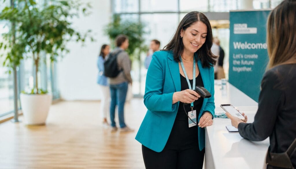 Event staff candidly scanning badges at a bright check-in lane.