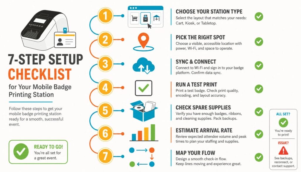 Step-by-step infographic checklist showing seven setup steps for a mobile badge printing station