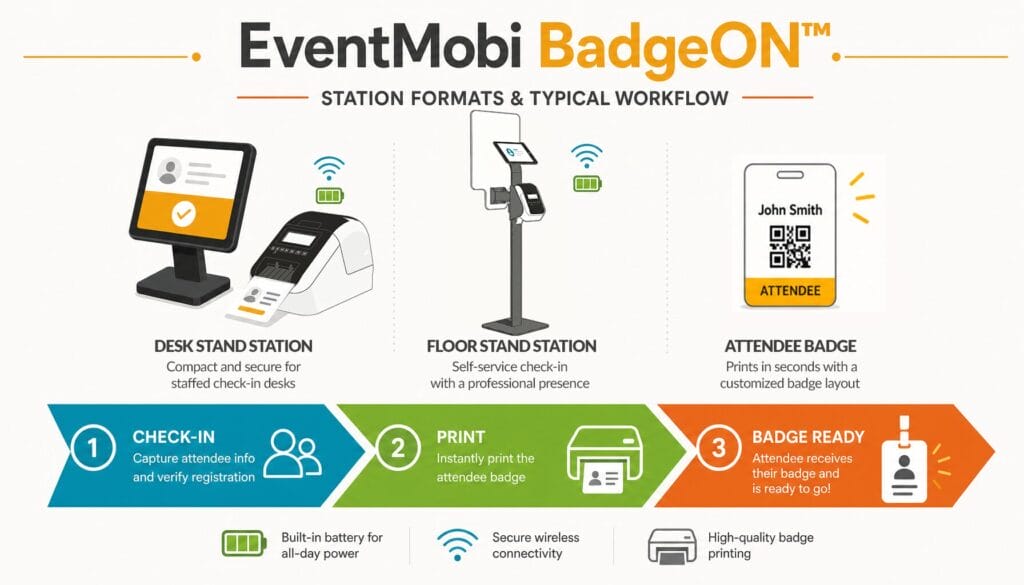 Illustration of EventMobi BadgeON station formats and check-in to print to badge workflow