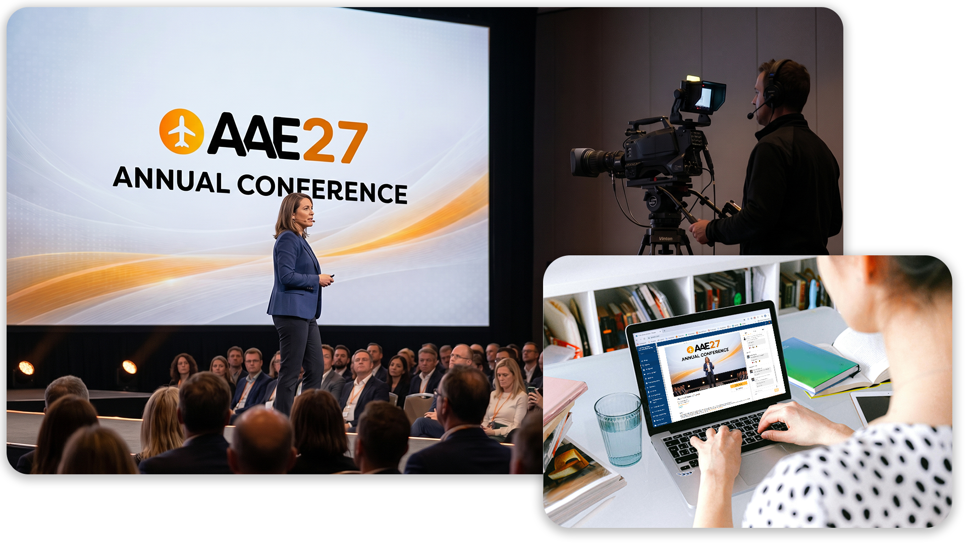 A split-screen composition illustrating a hybrid event. On the left, a speaker addresses an audience from a stage while a videographer films the presentation. On the right, a circular inset shows a remote attendee watching the same session via the EventMobi platform on her laptop.