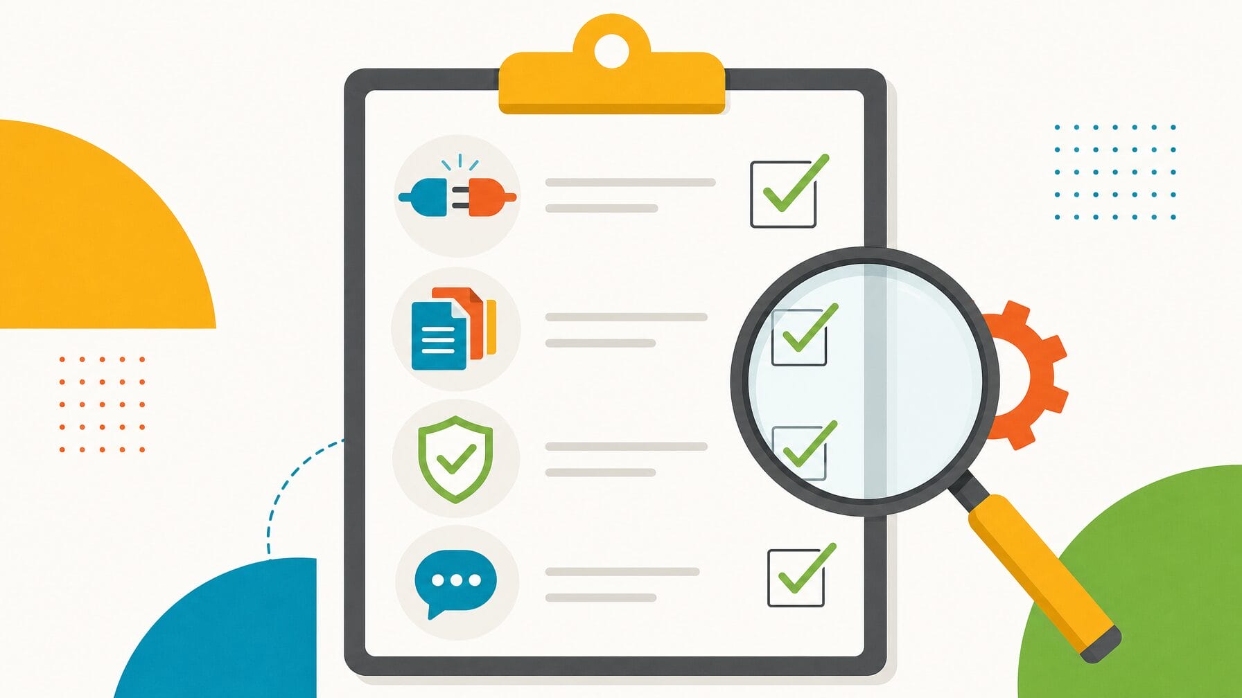 Vendor evaluation checklist illustration with icons for integrations, document support, governance controls, and fallback routing