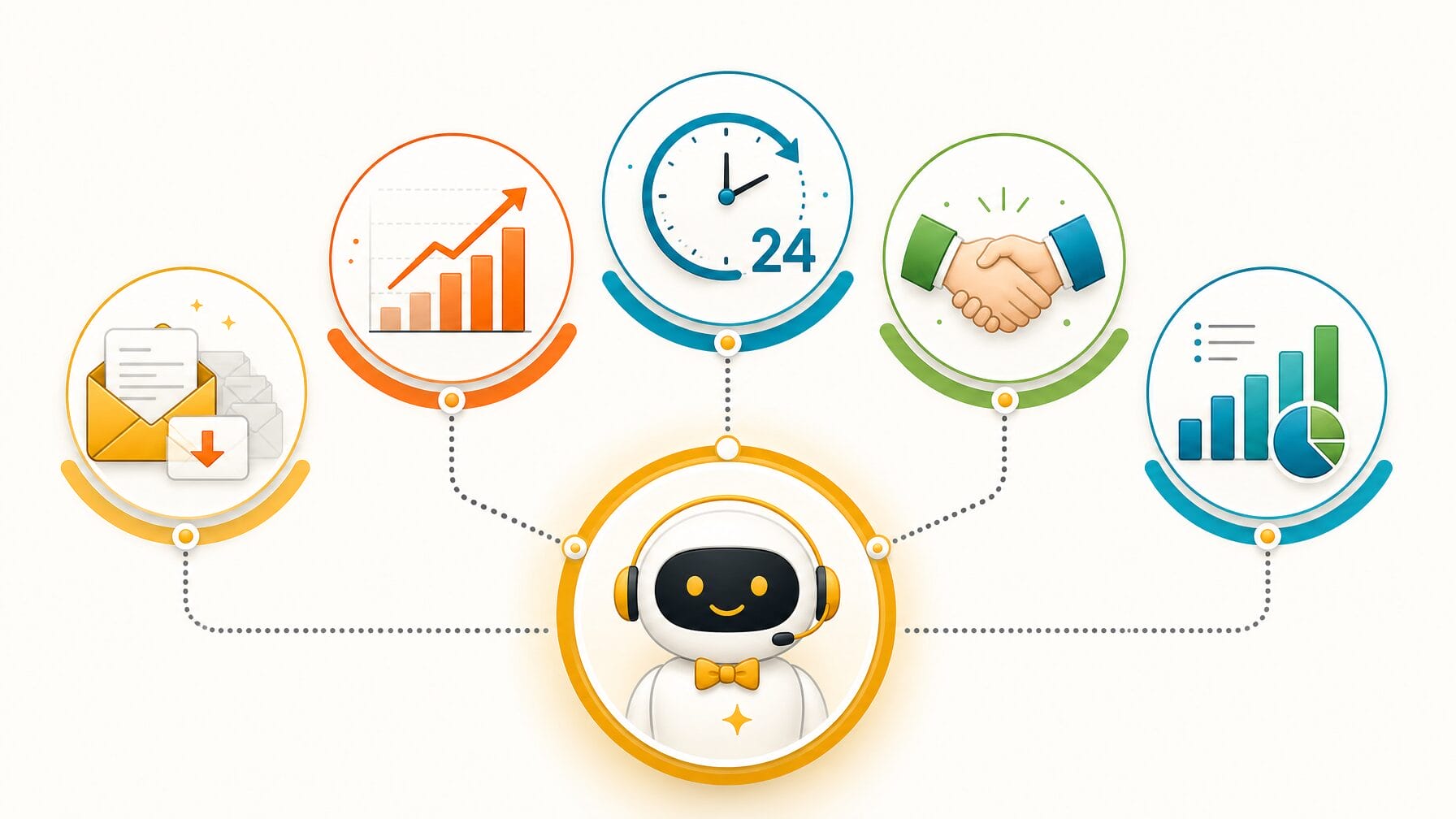 Dashboard illustration showing five AI concierge benefits: reduced email volume, higher conversion, 24/7 coverage, sponsor satisfaction, and analytics insights