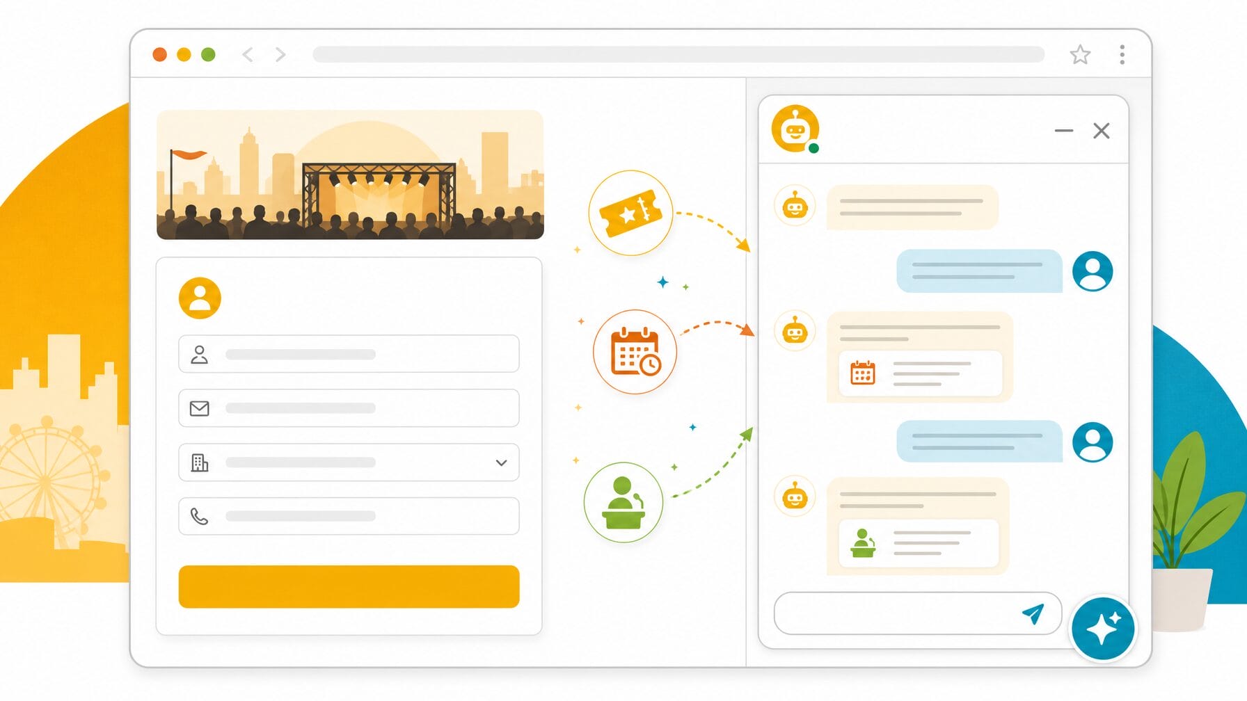 Illustration of an AI chat assistant embedded on an event registration webpage, connecting ticket, session, and speaker data to visitor questions