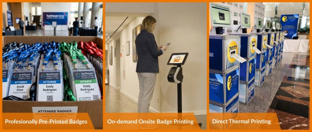 Side by side illustration of three conference badge printing options: preprinted badges ready for distribution, an onsite label printing kiosk, and a direct thermal printer at an event check-in