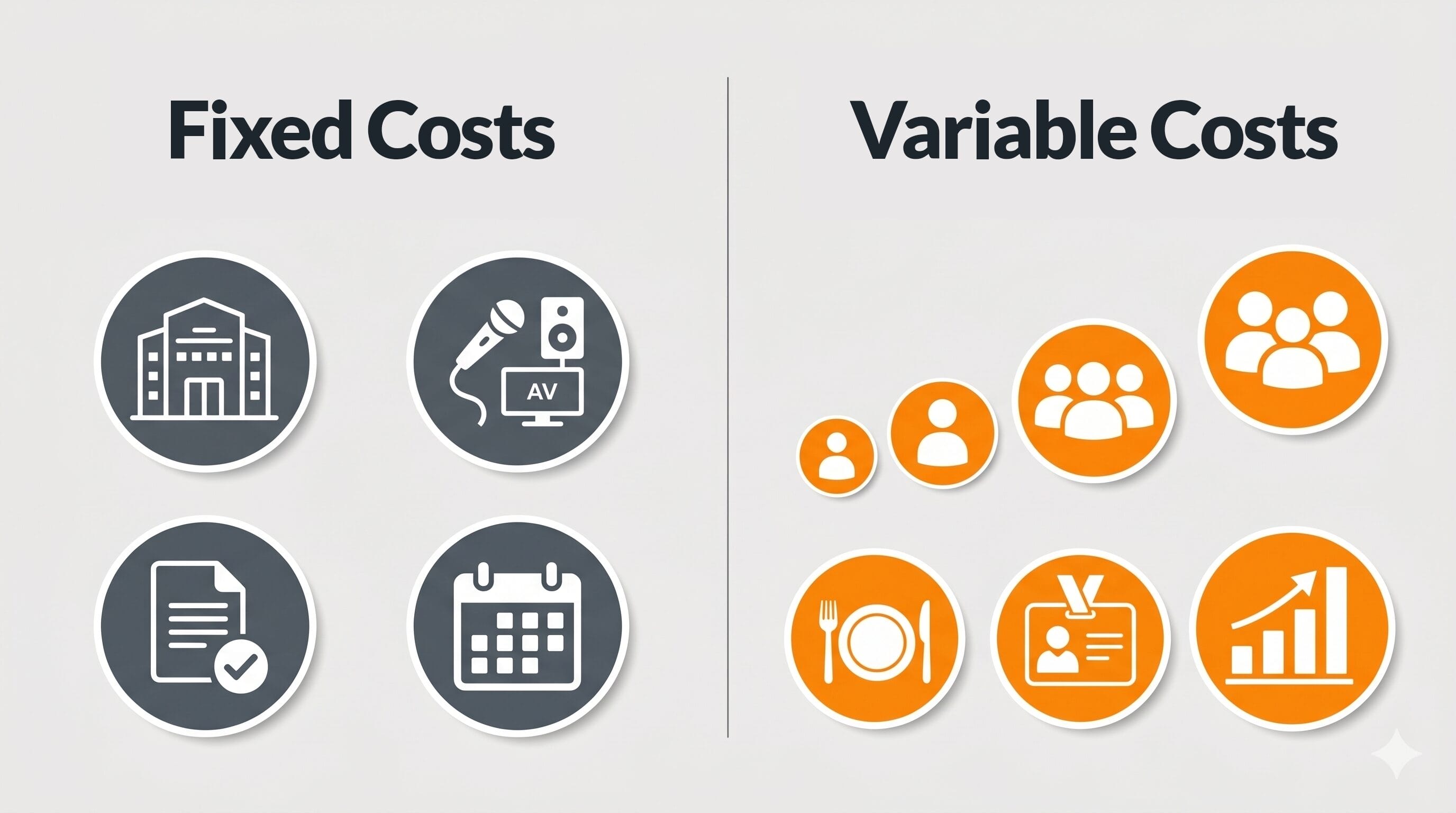 A side-by-side comparison of event expenses. The left side lists fixed costs, such as venue rental and AV equipment, while the right side displays variable costs that scale with attendance, such as catering and registration materials.