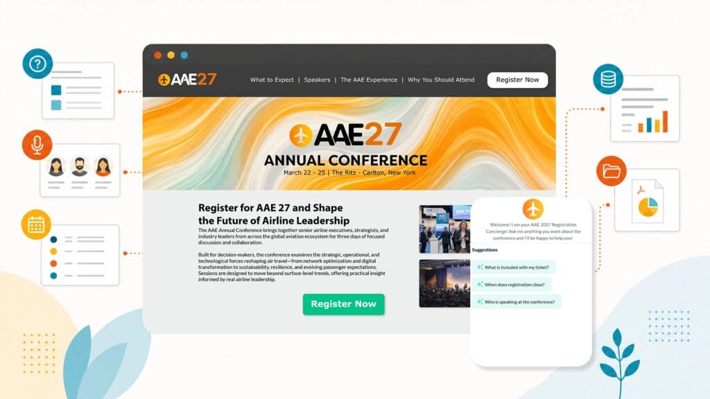 Illustration of the MobiAI Reg Concierge chat widget on an event registration page, with content sources like FAQ pages, speaker data, and ticket info feeding into the AI assistant