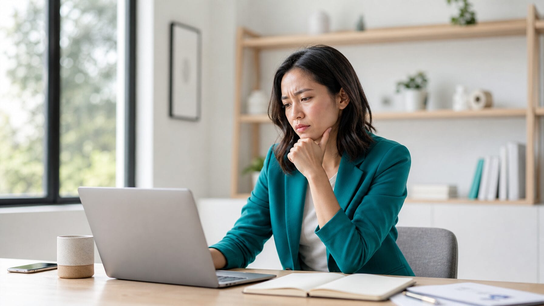 A person at a modern desk looking thoughtfully at an event registration page on their laptop, representing the moment visitors hesitate before registering