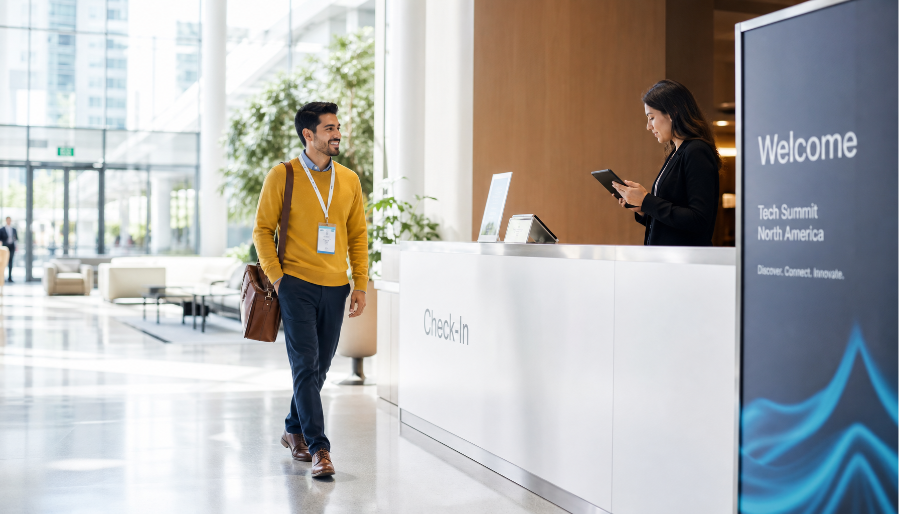 Confident walk-in attendee approaching a bright, modern conference check-in counter