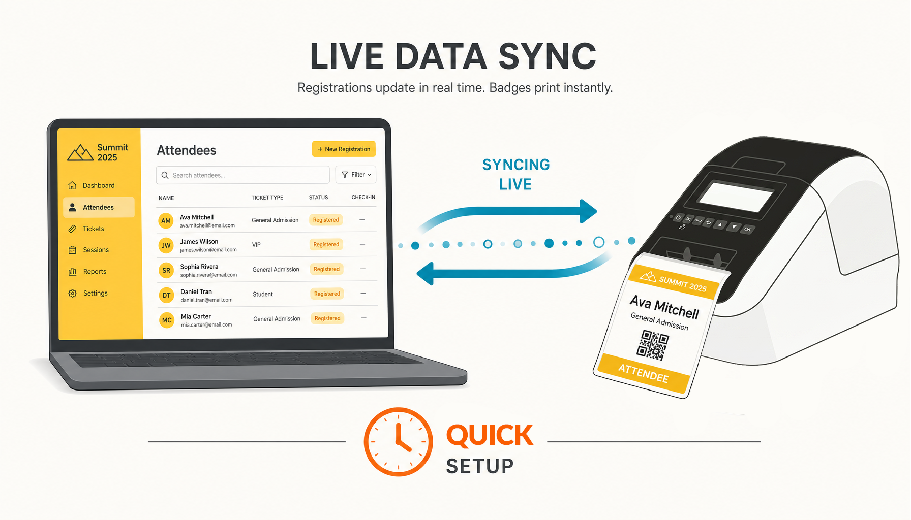 Registration platform syncing live attendee data to a badge label printer in real time
