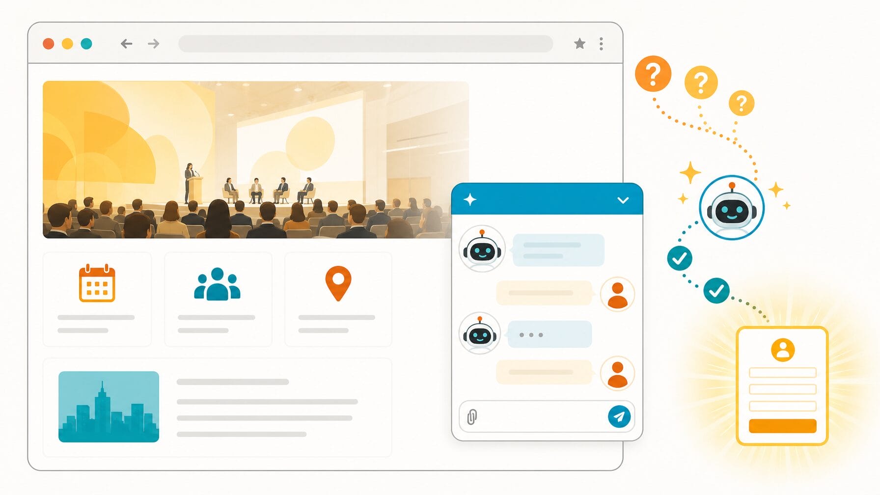 Illustration of an AI chatbot concierge on an event website converting visitor questions into completed registrations