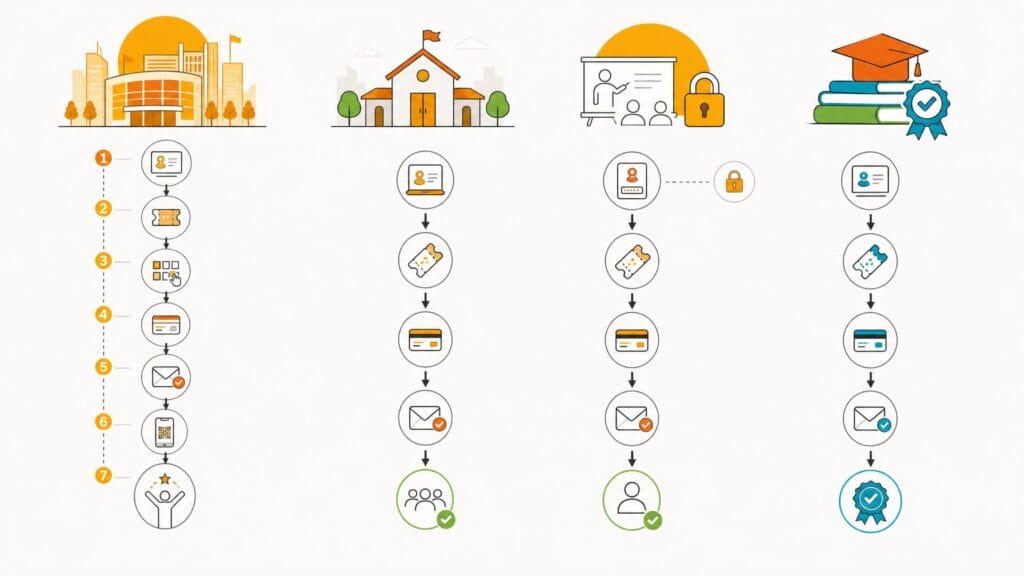 Illustration showing four common association event registration workflows: annual conference, chapter meeting, member-only workshop, and continuing education event