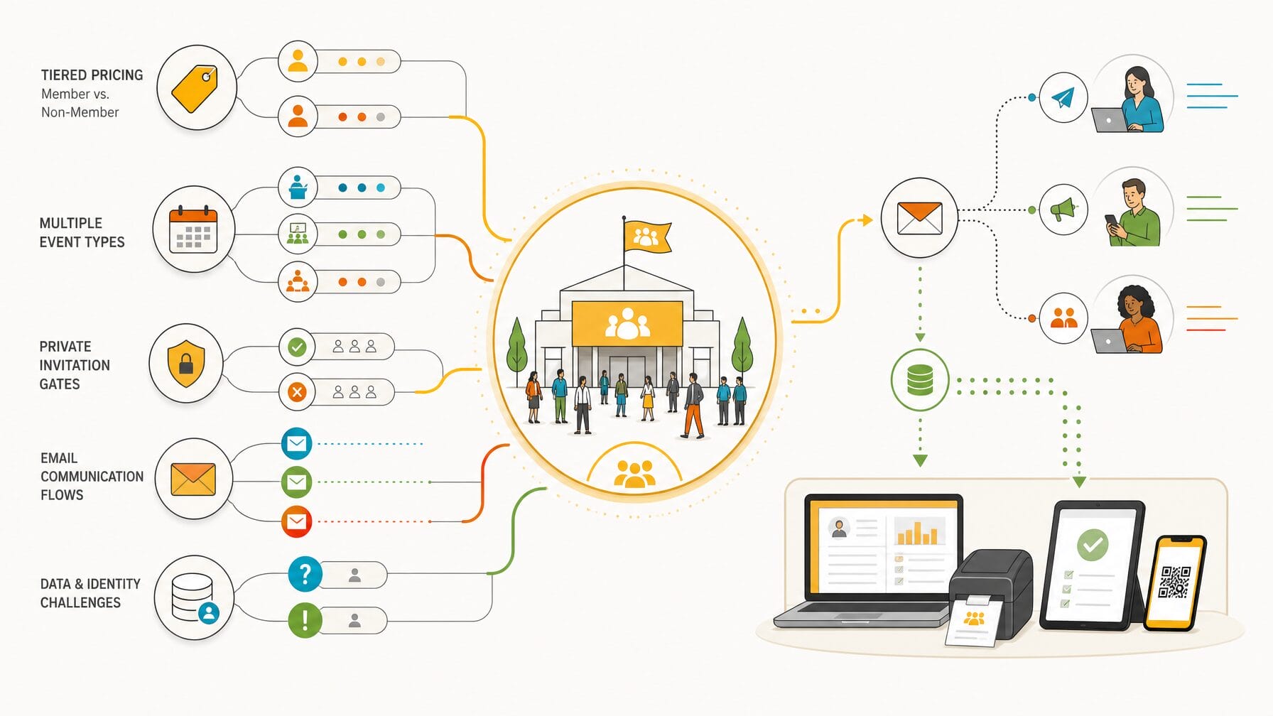 Illustration showing the unique registration challenges associations face, including tiered pricing, multi-event management, private invitations, communication flows, and data integration with onsite tools